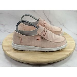 Hey Dude Wendy Women’s Size 8 Linen Slip On Shoes Pink Lemonade Comfort Loafers